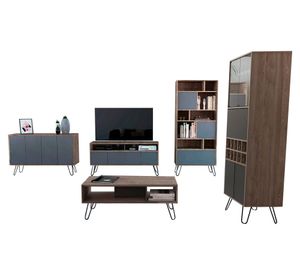 Rack TV 55'' + biblioteca + bar alto + buffet + mesa de centro Vassel miel/plomo TuHome