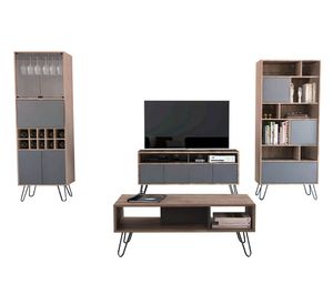 Rack + biblioteca + bar alto + mesa de centro Vassel miel/plomo TuHome