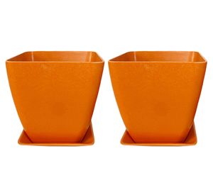 Set 2 maceteros con plato Biodegradable Bamboo cuadrado naranjo