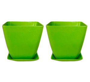 Set 2 maceteros con plato Biodegradable Bamboo cuadrado verde