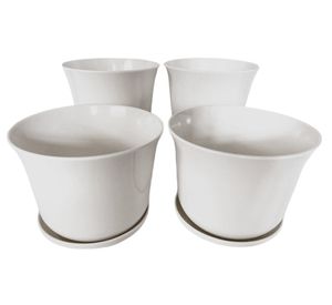 Set 4 maceteros con plato Biodegradable Bamboo curvo blanco