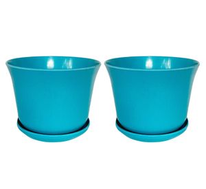 Set 2 maceteros con plato Biodegradable Bamboo curvo turquesa 13x16.5x16.5 cm