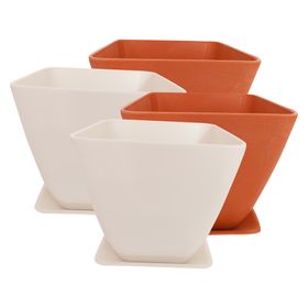 Set 4 maceteros con plato Biodegradable Bamboo cuadrado blanco/naranjo