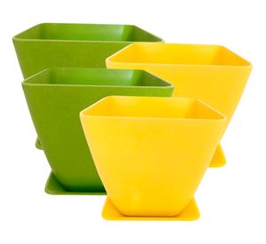 Set 4 maceteros con plato Biodegradable Bamboo cuadrado verde/amarillo
