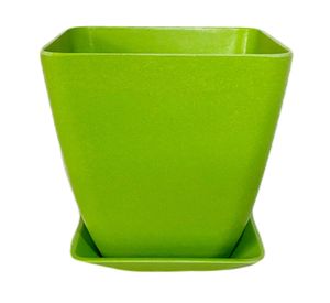 Set 4 maceteros con plato Biodegradable Bamboo cuadrado verde/coral