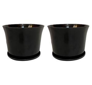 Set 2 maceteros con plato Biodegradable Bamboo curvo negro 13x16.5x16.5 cm