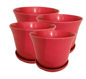 Set 4 maceteros con plato Biodegradable Bamboo curvo rojo