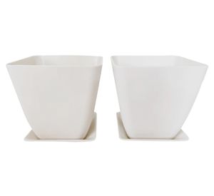Set 2 maceteros con plato Biodegradable Bamboo cuadrado blanco 12.4x13.3x13.3 cm