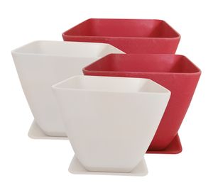 Set 4 maceteros con plato Biodegradable Bamboo cuadrado blanco/coral