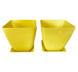 Set 2 maceteros con plato Biodegradable Bamboo cuadrado amarillo 12.4x13.3x13.3 cm