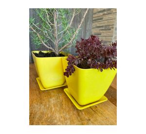 Set 2 maceteros con plato Biodegradable Bamboo cuadrado amarillo 12.4x13.3x13.3 cm