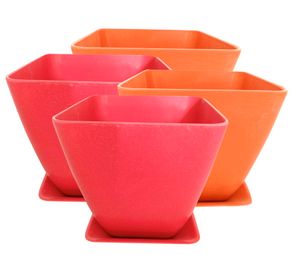 Set 4 maceteros con plato Biodegradable Bamboo cuadrado coral/naranjo