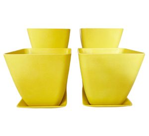 Set 4 maceteros con plato Biodegradable Bamboo cuadrado amarillo