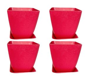 Set 4 maceteros con plato Biodegradable Bamboo cuadrado rosado