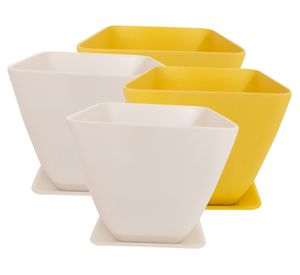 Set 4 maceteros con plato Biodegradable Bamboo cuadrado blanco/amarillo