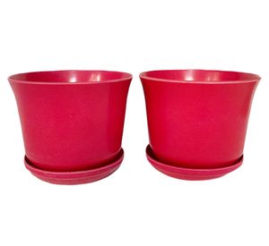 Set 2 maceteros con plato Biodegradable Bamboo curvo rojo 13x16.5x16.5 cm