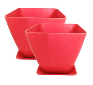 Set 2 maceteros con plato Biodegradable Bamboo cuadrado rosado