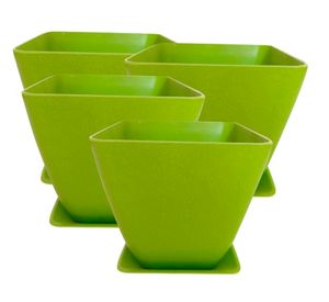 Set 4 maceteros con plato Biodegradable Bamboo cuadrado verde