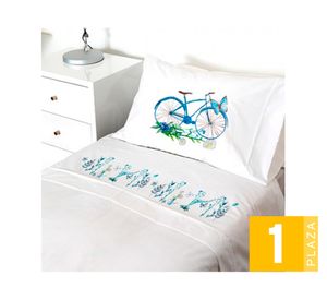 Juego de sábanas 1 plaza 200H Bici azul/blanco
