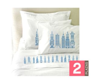 Juego de sábanas 2 plazas 200H Edificios azules/blanco