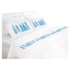 Juego de sábanas 2 plazas 200H Edificios azules/blanco