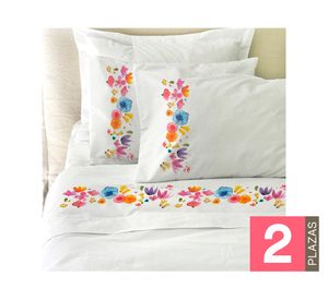 Juego de sábanas 2 plazas 200H Jardín de flores blanco