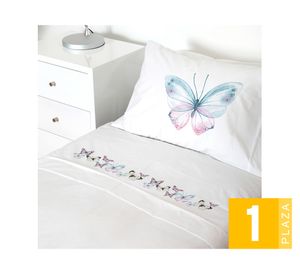 Juego de sábanas 1 plaza 200H Mariposas rosadas/blanco