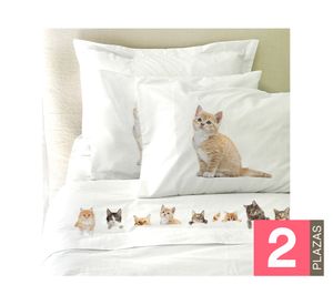Juego de sábanas 2 plazas 200 hilos Cats lovers blanco
