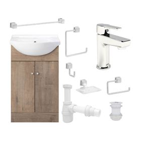 Pack baño mueble Marie lenga + grifería + accesorios + sifón + desagüe