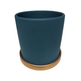 Macetero cilindro verde musgo con plato dorado S 13x13 cm