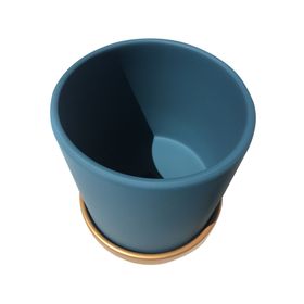 Macetero cilindro verde musgo con plato dorado S 13x13 cm