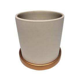 Macetero cilindro crema con plato dorado M 15x15 cm