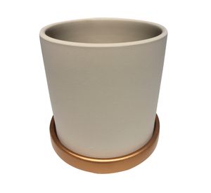 Macetero cilindro crema con plato dorado M 15x15 cm