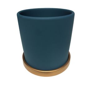 Macetero cilindro verde musgo con plato dorado L 18x18 cm