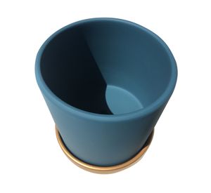 Macetero cilindro verde musgo con plato dorado M 15x15 cm