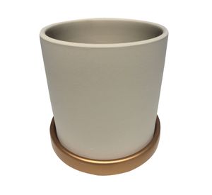 Macetero cilindro crema con plato dorado L 18x18 cm