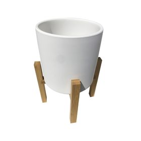 Macetero cilindro blanco crema con pedestal bamboo 25x19 cm