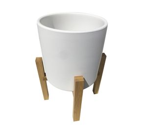 Macetero cilindro blanco crema con pedestal bamboo 25x19 cm