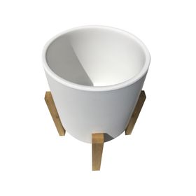 Macetero cilindro blanco crema con pedestal bamboo 25x19 cm