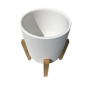 Macetero cilindro blanco crema con pedestal bamboo 25x19 cm