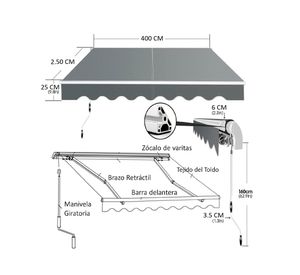 Toldo retráctil 4x2.5 m gris IGTBRT4-25GR