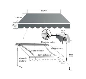 Toldo retráctil 3x2.5 m gris IGTBRT3-25GR