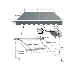 Toldo retráctil 2x1.5 m gris IGTBRT2-15GR
