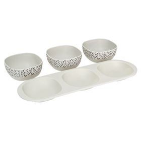 Set bandeja 3 divisiones + 3 bowls Puntos blanco/negro
