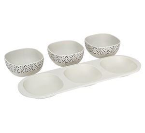 Set bandeja 3 divisiones + 3 bowls Puntos blanco/negro