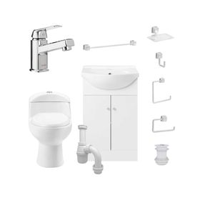 Pack baño Marie 60 blanco + cubierta + WC + grifería + accesorios + kit desagüe sifón
