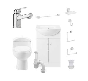 Pack baño Marie 60 blanco + cubierta + WC + grifería + accesorios + kit desagüe sifón