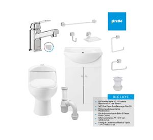 Pack baño Marie 60 blanco + cubierta + WC + grifería + accesorios + kit desagüe sifón
