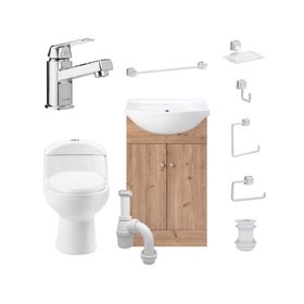 Pack baño Marie 60 rústico + cubierta + WC + grifería + accesorios + kit desagüe sifón