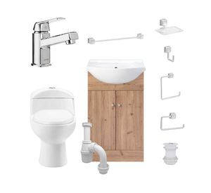 Pack baño Marie 60 rústico + cubierta + WC + grifería + accesorios + kit desagüe sifón